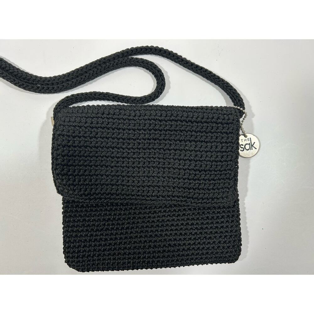 The SAK Signature Crochet Mini Crossbody Black Top Zip Foldover Bag